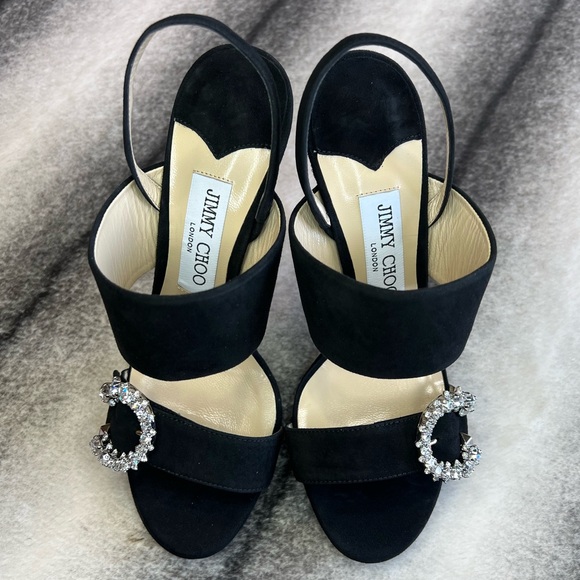 Jimmy Choo Shoes - Jimmy Choo Saphie 120 mm Crystal Charm Black Suede Platform Heels
